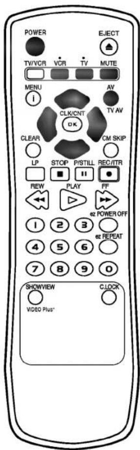 POWER TV/VCR VCR TV MUTE MENU i AV TV AV CLK/CNT OK CLEAR CM SKIP LP STOP P/STILL REC/ITR ■ ■ ■ REW PLAY FF ← 1 2 3 ez POWER OFF 4 5 6 ez REPEAT 7 8 9 0 SHOWVIEW CLOCK VIDEO Plus*