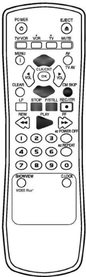 POWER TV/VCR VCR TV MUTE MENU i CLK/CNT AV TV AV VOL OK VOL CM SKIP CLEAR LP STOP P/STILL REC/ITR REW PLAY FF 1 2 3 ez POWER OFF 4 5 6 ez REPEAT 7 8 9 0 SHOWVIEW CLOCK VIDEO Plus*
