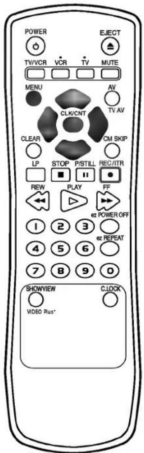 POWER TV/VCR VCR TV MUTE MENU AV CLK/CNT TV AV CLEAR CM SKIP LP STOP P/STILL REC/ITR ■ ■ ■ REW PLAY FF 1 2 3 POWER OFF 4 5 6 REPEAT 7 8 9 0 SHOWVIEW CLOCK VIDEO Plus*