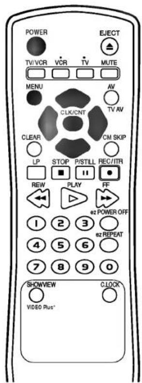POWER TV/VCR VCR TV MUTE MENU AV CLK/CNT TV AV CLEAR CM SKIP LP STOP P/STILL REC/ITR ■ ■ ■ ■ REW PLAY FF 1 2 3 ez POWER OFF 4 5 6 ez REPEAT 7 8 9 0 SHOWVIEW CLOCK VIDEO Plus*
