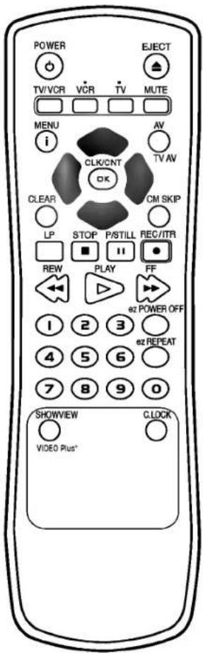 POWER TV/VCR VCR TV MUTE MENU i AV TV AV CLK/CNT OK CLEAR LP STOP P/STILL REC/ITR ■ ■ ■ REW PLAY FF 1 2 3 e2 POWER OFF 4 5 6 e2 REPEAT 7 8 9 0 SHOWVIEW CLOCK VIDEO Plus*