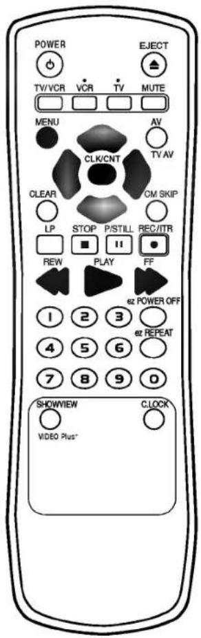 POWER EJECT TV/VCR VCR TV MUTE MENU AV TV AV CLK/CNT CLEAR CM SKIP LP STOP P/STILL REC/ITR ■ 11 REW PLAY FF 1 2 3 4 5 6 7 8 9 0 SHOWVIEW CLOCK VIDEO Plus