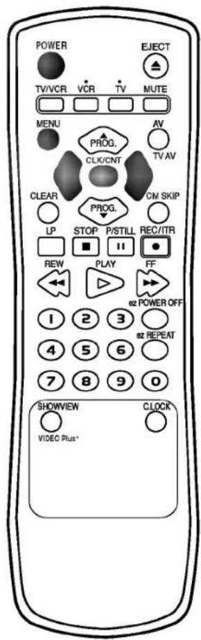 POWER TV/VCR VCR TV MUTE MENU PROG. AV CLK/CNT TV AV CLEAR PROG. CM SKIP LP STOP P/STILL REC/ITR ■ ■ ■ ■ ■ REW PLAY FF 1 2 3 02 POWER OFF 4 5 6 02 REPEAT 7 8 9 0 SHOWVIEW CLOCK VIDEO Plus*