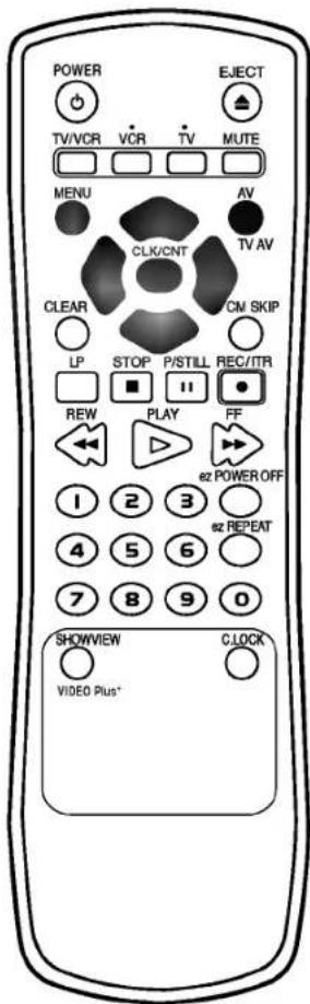 POWER TV/VCR VCR TV MUTE MENU AV CLK/CNT TV AV CLEAR CM SKIP LP STOP P/STILL REC/ITR ■ ■ ■ REW PLAY FF 1 2 3 e2 POWER OFF 4 5 6 e2 REPEAT 7 8 9 0 SHOWVIEW CLOCK VIDEO Plus*