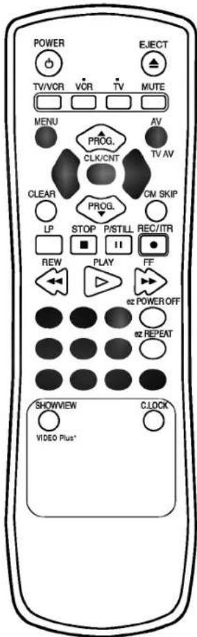 POWER TV/VCR VCR TV MUTE MENU PROG. CLK/CNT AV TV AV CLEAR STOP P/STILL REC/ITR LP REW PLAY FF e2 POWER OFF e2 REPEAT SHOWVIEW CLOCK VIDEO Plus*
