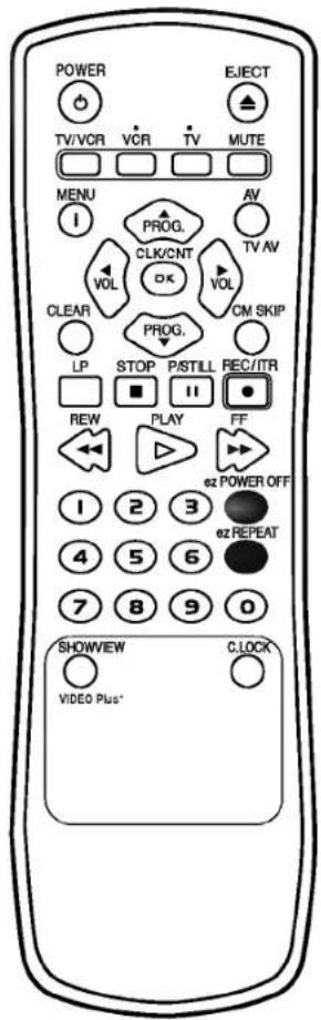POWER TV/VCR VCR TV MUTE EJECT ▲ MENU I PROG. AV TV AV VOL CLK/CNT OK VOL CLEAR CMA SKIP PROG. LP STOP P/STILL REC/ITR ■ ■ ■ ■ ■ REW PLAY FF 1 2 3 e2 POWER OFF 4 5 6 e2 REPEAT 7 8 9 0 SHOWVIEW CLOCK VIDEO Plus*