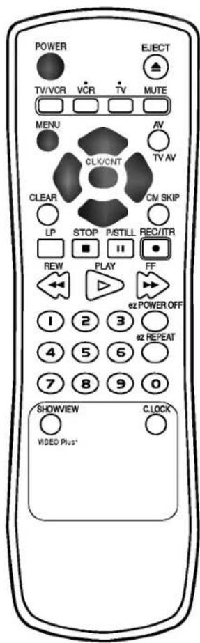 POWER TV/VCR VCR TV MUTE MENU CLK/CNT AV TV AV CLEAR CM SKIP LP STOP P/STILL REC/TR ■ II ● REW PLAY FF 1 2 3 e2 POWER OFF 4 5 6 e2 REPEAT 7 8 9 0 SHOWVIEW CLOCK VIDEO Plus*