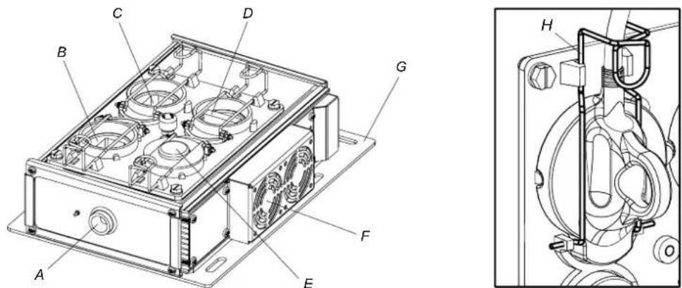 Technical diagram of an electronic device with labeled components and a close-up view of the internal structure.