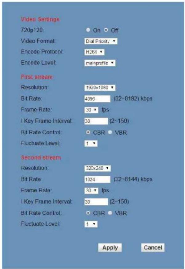 Video Settings 720p120: On Off Video Format Dial Priority Encode Protocol H264 Encode Level mainprofile First stream Resolution: 1920x1080 Bit Rate: 4096 (32-8192) kbps Frame Rate: 30 fps I Key Frame Interval: 30 (2-150) Bit Rate Control: CBR VBR Fluctuate Level: 1 Second stream Resolution: 320x240 Bit Rate: 1024 (32-6144) kbps Frame Rate: 30 fps I Key Frame Interval: 30 (2-150) Bit Rate Control: CBR VBR Fluctuate Level: 1 Apply Cancel
