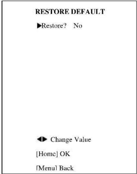 RESTORE DEFAULT ►Restore? No ◄► Change Value [Home] OK 「Menu」 Back