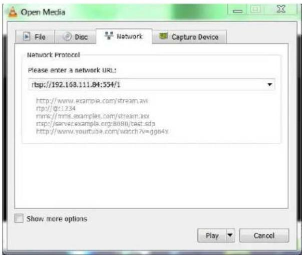 Open Media File Disc Network Capture Device Network Protocol Please enter a network URL: rtsp://192.168.111.84:354/1 http://www.ecampie.com/stream.avi rtp://0:1234 mmc//mms.examples.com/stream.scx rtsp://server.example.org:8080/test.sdp http://www.yourtube.com/watch?v=gg64x Show more options Play Cancel