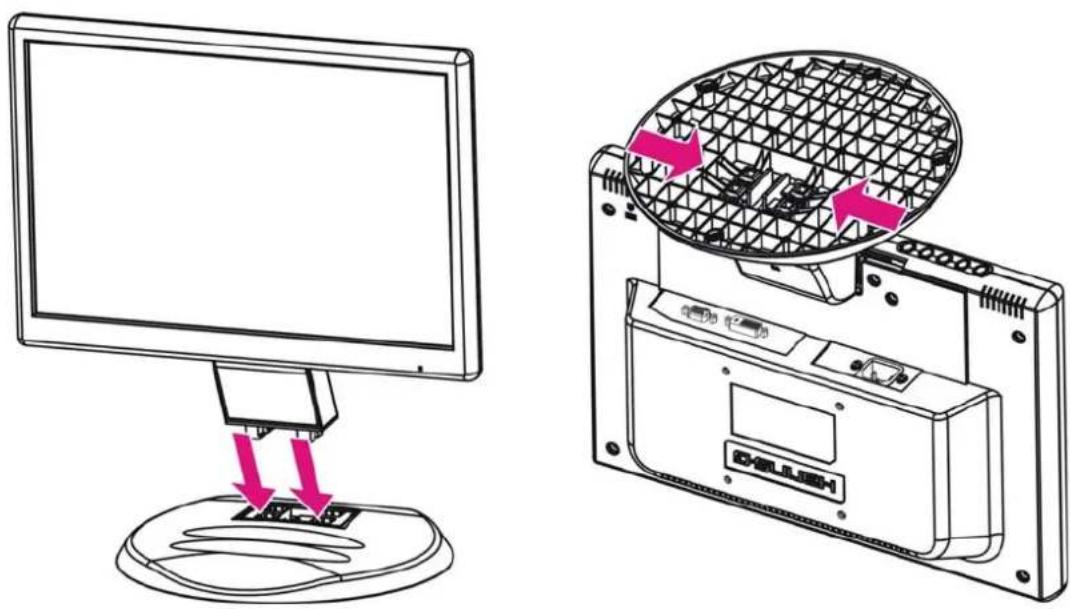 Diagram showing a computer monitor connected to a device with a grid-patterned cover, annotated with pink arrows indicating process flow.