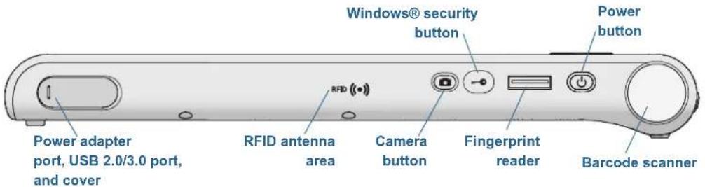 Windows® security button Power button Power adapter port, USB 2.0/3.0 port, and cover RFID (●) RFID antenna area Camera button Fingerprint reader Barcode scanner