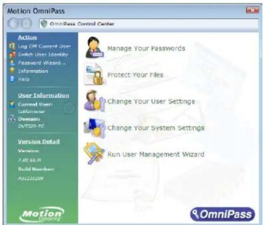 Motion OmniPass OmniPass Control Center Action Log Off Current User Switch User Identity Password Wizard... Information Help User Information Current Users Tabletowner Domains 247326-PC Version Detail Version: 7.00 65.N Build Number: A0123109 Manage Your Passwords Protect Your Files Change Your User Settings Change Your System Settings Run User Management Wizard Motion OmniPass