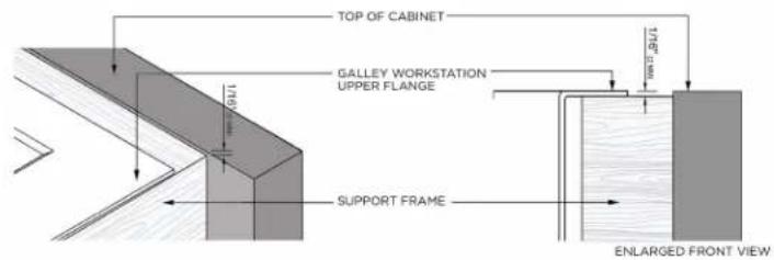 TOP OF CABINET GALLEY WORKSTATION UPPER FLANGE 170mm SUPPORT FRAME ENLARGED FRONT VIEW