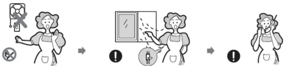 Illustration showing a woman using a fan mask to interact with a window, followed by warning symbols and a hand gesture.