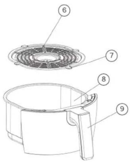 Technical diagram of a cooking pot with numbered parts for identification