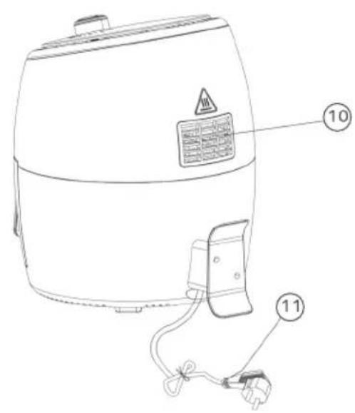 Line drawing of an air fryer with labeled parts and warning symbol