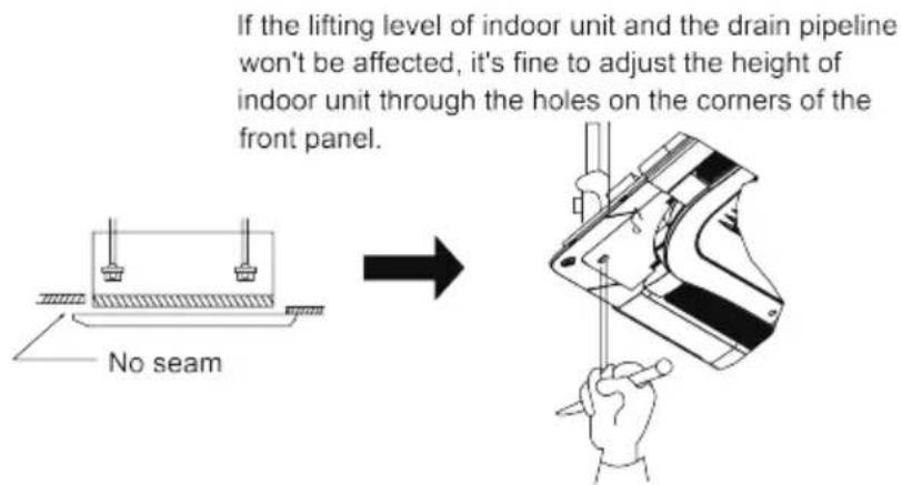 If the lifting level of indoor unit and the drain pipeline won't be affected, it's fine to adjust the height of indoor unit through the holes on the corners of the front panel. No seam