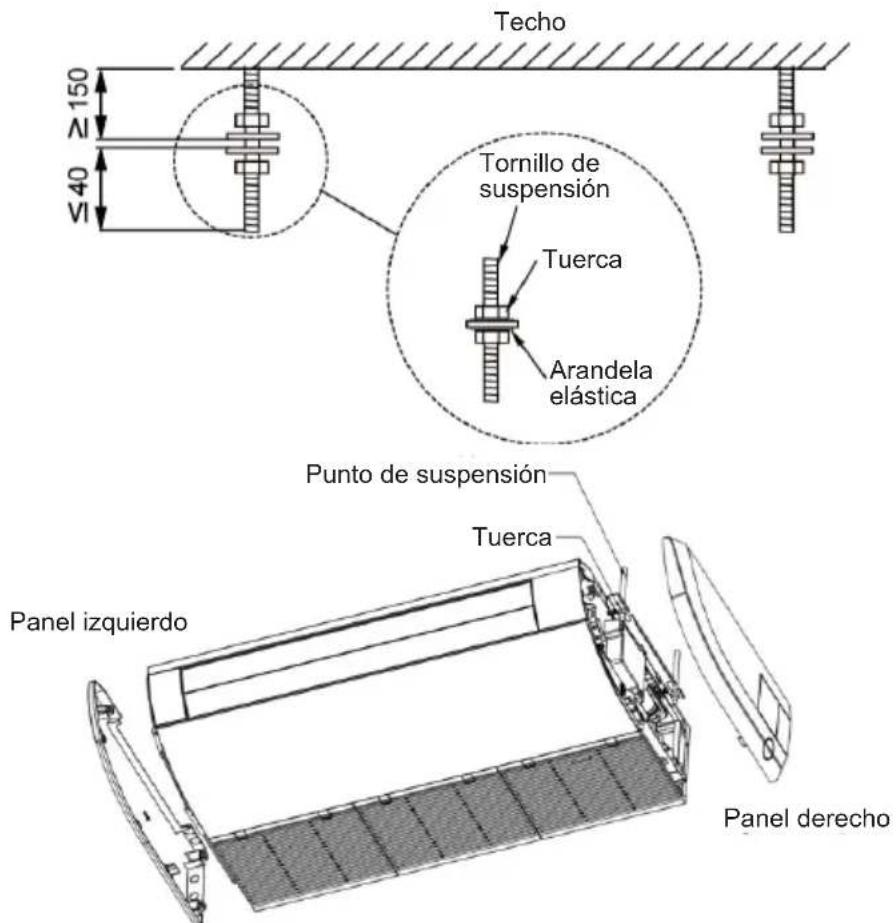 Techo N 150 40 VI Tornillo de suspensión Tuerca Arandela elástica Punto de suspensión Tuerca Panel izquierdo Panel derecho