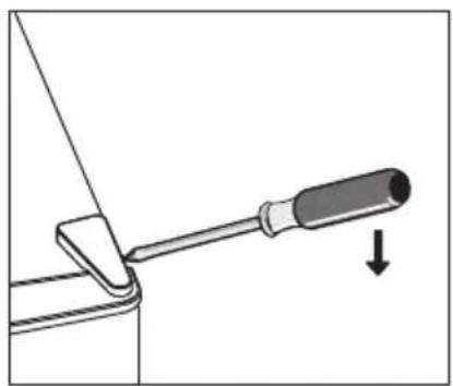 Diagram of a tool being adjusted with a screwdriver, showing a downward arrow (no text or symbols present)