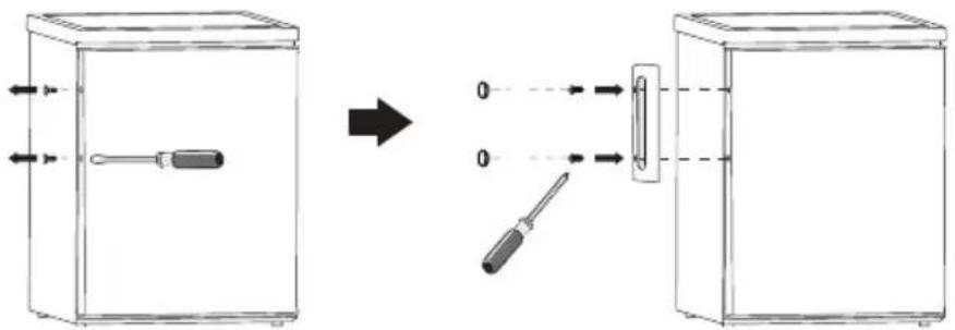 Diagram showing a device being processed from a left panel to a right panel, with arrows indicating direction and component placement.