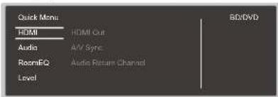 Quick Menu: HDMI Audio RozmEQ Level HDMI Out AV Sync Audio Return Channel BG/DVD