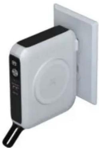 White electronic device with a black handle and circular button, mounted on a white wall (no visible text or symbols)