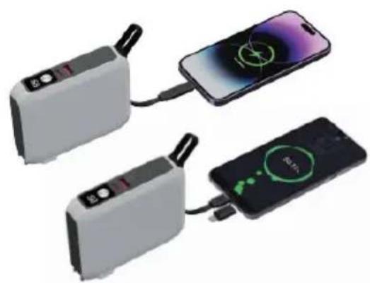 Three electronic devices connected to a smartphone, each with a charging screen and a battery icon (no visible text or symbols)