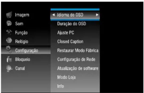 Imagem Som Função Relógio Configuração Bloquelo Canal Idioma do OSD Duração do OSD Ajuste PC Closed Caption Restaurar Modo Fábrica Configuração de Rede Atualização de software Modo Loja Info