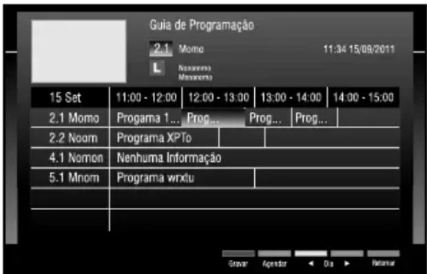 Guia de Programação 2.1 Momo 11:34 15/09/2011 L Nomenclera Nomenclera 15 Set 11:00 - 12:00 12:00 - 13:00 13:00 - 14:00 14:00 - 15:00 2.1 Momo Programa 1... Prog... Prog... Prog... 2.2 Noom Programa XPTo 4.1 Nomom Nenhuma Informação 5.1 Mnom Programa wrxtu Graver Agendar Dia Retamar