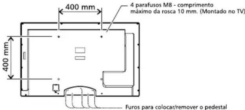 400 mm 4 parafusos M8 - comprimento máximo da rosca 10 mm. (Montado no TV) 400 mm Furos para colocar/remover o pedestal