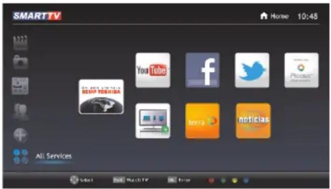 SMARTTV Home 10:48 YouTube Facebook Twitter Pisocio DEMP YOHIBA terra noticias All Services Select Web Watch TV Print