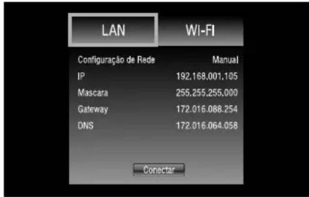 LAN Configuração de Rede IP Mascara Gateway DNS WI-FI Manual 192.168.001.105 255.255.255.000 172.016.088.254 172.016.064.058 Conectar