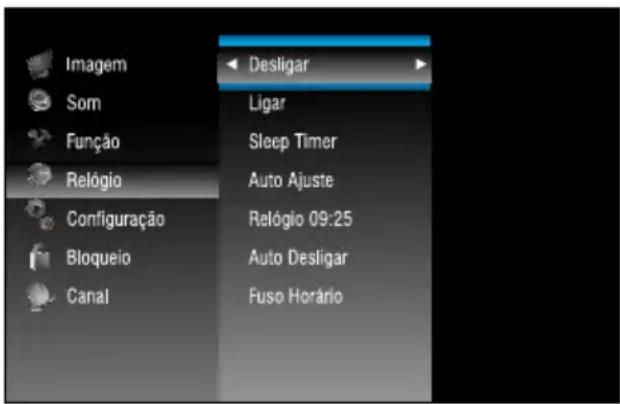 Imagem Som Função Relógio Configuração Bloqueio Canal Desligar Ligar Sleep Timer Auto Ajuste Relógio 09:25 Auto Desligar Fuso Horário