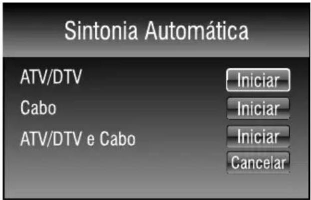 Sintonia Automática ATV/DTV Iniciar Cabo Iniciar ATV/DTV e Cabo Iniciar Cancelar