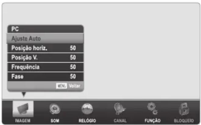 PC Ajuste Auto Posição horiz. 50 Posição V. 50 Frequência 50 Fase 50 NEW Voltar IMAGEM SOM RELÓGIO CANAL FUNÇÃO BLOQUEIO