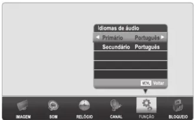 Idiomas de áudio Primário Português Secundário Português MEN. Voltar IMAGEM SOM RELÓGIO CANAL FUNÇÃO BLOQUEIO