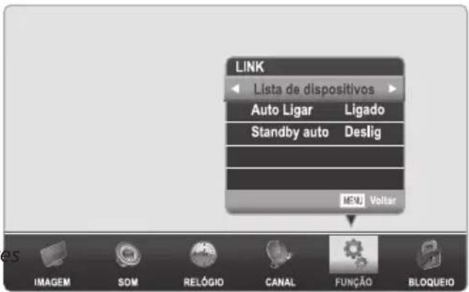 LINK Lista de dispositivos Auto Ligar Ligado Standby auto Deslig MEV Volta ES IMAGEM SOM RELÓGIO CANAL FUNÇÃO BLOQUEIO