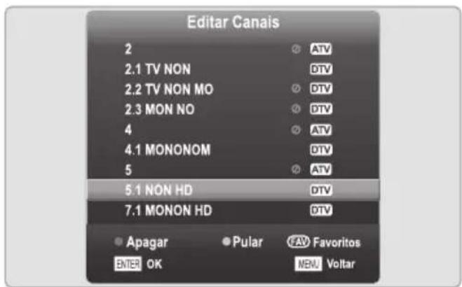 Editar Canais 2 ○ ATV 2.1 TV NON DTV 2.2 TV NON MO ○ DTV 2.3 MON NO ○ DTV 4 ○ ATV 4.1 MONONOM DTV 5 ○ ATV 5.1 NON HD DTV 7.1 MONON HD DTV ● Apagar ● Pular FAV Favoritos ENTER OK MENU Voltar