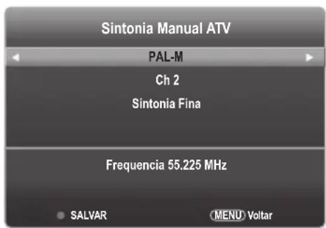 Sintonia Manual ATV PAL-M Ch 2 Sintonia Fina Frequencia 55.225 MHz SALVAR (MENU) Voltar