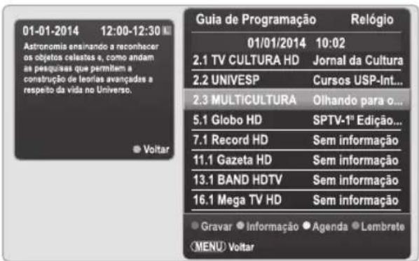 01-01-2014 12:00-12:30 Astronomia ensinando a reconhecir os objetos celeSTES e, como andam as pesquisas que permitem a construção de leorias avançadas a respeito da vida no Universo. ● Voltar Guia de Programação Relógio 01/01/2014 10:02 2.1 TV CULTURA HD Jornal da Cultura 2.2 UNIVESP Cursos USP-Int... 2.3 MULTICULTURA Olhando para o... 5.1 Globo HD SPTV-1ª Edição... 7.1 Record HD Sem informação 11.1 Gazeta HD Sem informação 13.1 BAND HDTV Sem informação 16.1 Mega TV HD Sem informação ● Gravar ● Informação ● Agenda ● Lembrete MENU Voltar