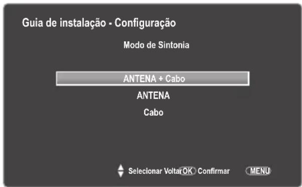 Guia de instalação - Configuraçao Modo de Sintonia ANTENA + Cabo ANTENA Cabo Selecionar Voltar OK Confirmar MENU