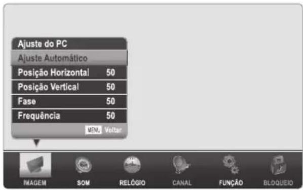 Ajuste do PC Ajuste Automático Posição Horizontal 50 Posição Vertical 50 Fase 50 Frequência 50 MENU Volta IMAGEM SOM RELÓGIO CANAL FUNÇÃO BLOQUEIO