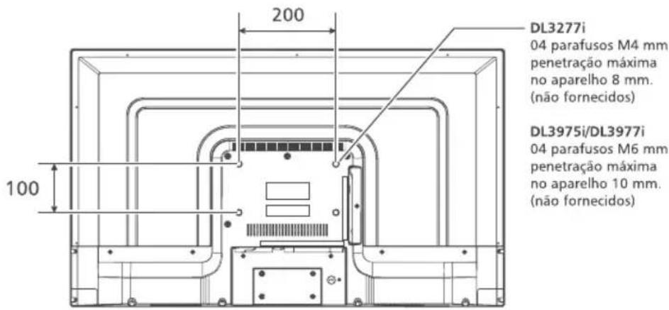 200 100 DL3277i 04 parafusos M4 mm penetração máxima no aparelho 8 mm. (não fornecidos) DL3975i/DL3977i 04 parafusos M6 mm penetração máxima no aparelho 10 mm. (não fornecidos)