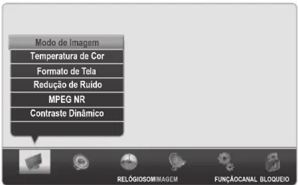 Modo de Imagem Temperatura de Cor Formato de Tela Redução de Ruido MPEG NR Contraste Dinâmico