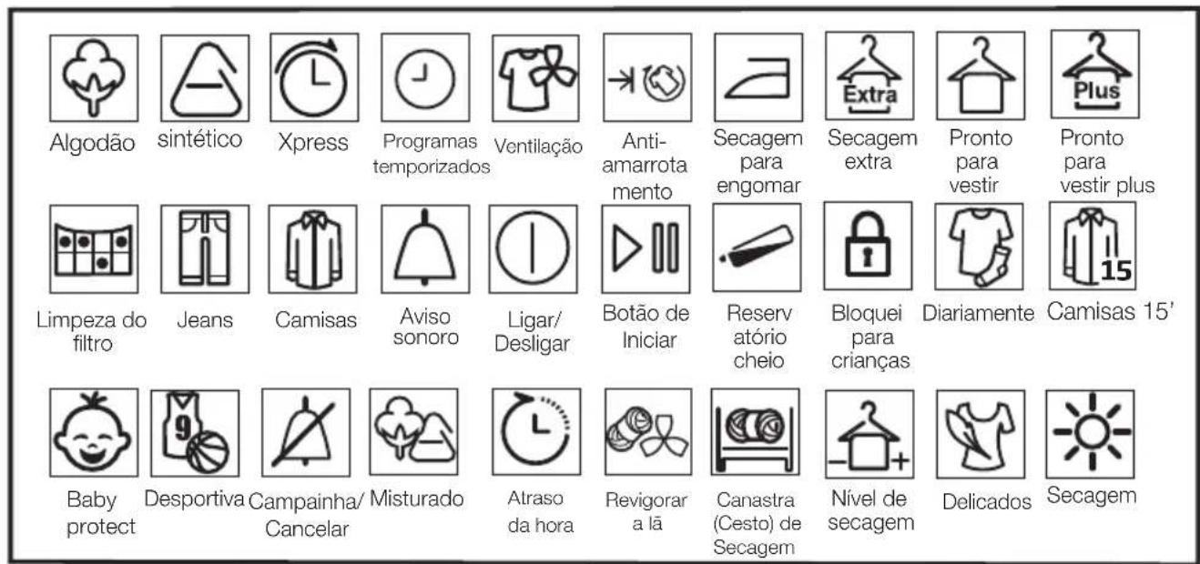 Algodão sintético Xpress Programas temporizados Ventilação Anti-amarrota mento Secagem para engomar Secagem extra Pronto para vestir Pronto para vestir plus Limpeza do filtro Jeans Camisas Aviso sonoro Ligar/ Desligar Botão de Iniciar Reservatório cheio Bloquei para crianças Diariamente Camisas 15' Baby protect Desportiva Campainha/ Cancelar Misturado Alraso da hora Revigorar a lã Canastra (Cesto) de Secagem Nível de secagem Delicados Secagem