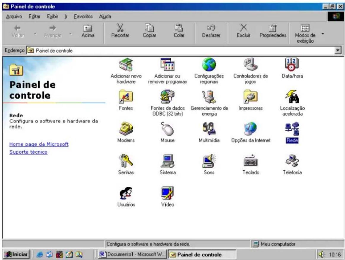 Painel de controle Arquivo Editar Exibir Ir Favonitos Aiuda Voliar Avançar Acima Recortar Copiar Colar Destazer Excluir Propriedades Modos de exibição Endereço Painel de controle Painel de controle Adicionar novo hardware Adicionar ou remover programas Configurações regionais Controladores de jogos Data/hora Fontes Fontes de dados ODBC (32 bits) Gerenciamento de energia Impressoras Localização acelerada Modems Mouse Multimídia Opções da Internet Rede Senhas Sistema Sons Teclado Telefonia Usuários Vídeo Configura o software e hardware da rede. Meu computador Iniciar Documento1 - Microsoft W... Painel de controle 10:16
