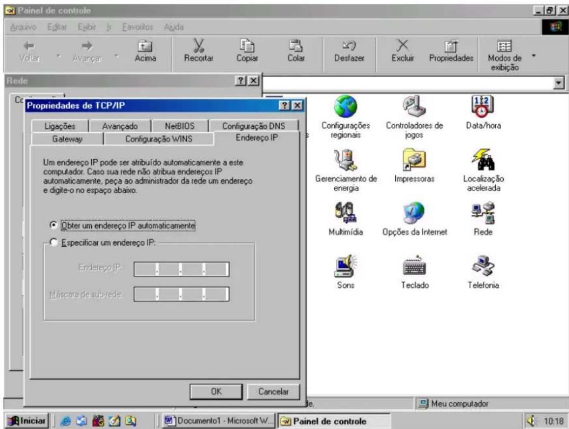Painel de controle Arquivo Editar Egiir Jr Favositos Ajuda Võtar Avançar Acima Recortar Copiar Colar Destazer Excluir Propriedades Modos de exibição Rede Propriedades de TCP/IP Ligações Avançado NetBIOS Configuração DNS Gateway Configuração WINS Endereço IP Um endereço IP pode ser atribuído automaticamente a este computador. Caso sua rede não atribua endereços IP automaticamente, peça ao administrador da rede um endereço e digite-o no espaço abaixo. Obter um endereço IP automaticamente Especificar um endereço IP: Endereço IP: Máscara de subrede: Configurações regionais Controladores de jogos Data/hora Gerenciamento de energia Impressoras Localização acelerada Multimídia Opções da Internet Rede Sons Teclado Telefonia OK Cancelar Meu computador Iniciar Documento1 - Microsoft W... Painel de controle 10:18