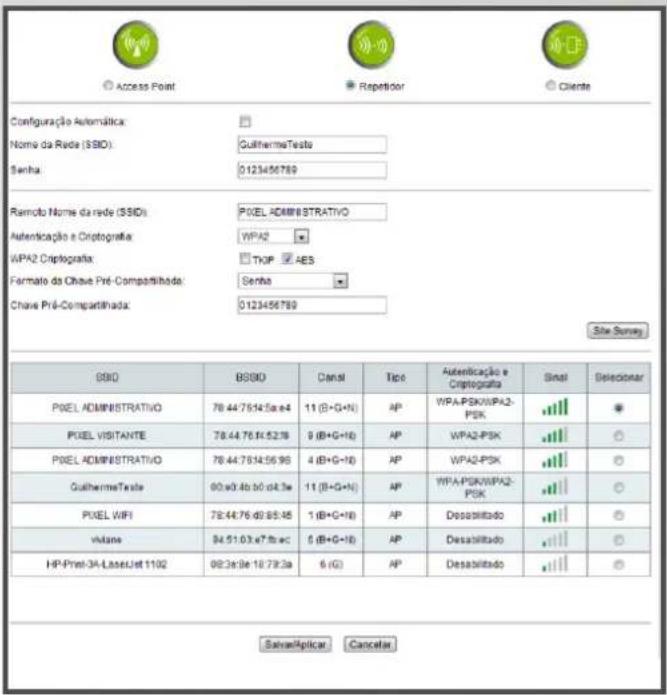 Access Point Repetitor Cliente Configuraçao Automática Nome da Rede (SSIO) GuilhermeTesto Senha: 0123456789 Remoto Nome da rede (SSID): PIXEL ADMINISTRATIVO Autencação e Cryptografia: WPA2 TXIP AES Formato da Chave Pré-Compartitada: Senha Chave Pré-Compartitada: 0123456789 Site Survey DSIO BSIO Cansl Tipo Authentação e Cryptografia Sinsl Selecionar PIXEL ADMINISTRATIVO 78.44.7614:3a.e4 11 (B+G+N) AP WPA-PSKWIPA2- PSK AP WPA2-PSK # PIXEL VISITANTE 78.44.76.41.52.18 9 (B+G+N) AP WPA2-PSK # PIXEL ADMINISTRATIVO 78.44.7614:56.96 4 (B+G+N) AP WPA2-PSK # GuilhermeTeste 60.x0.40 b0 d4.3a 11 (B+G+N) AP WPA-PSKWIPA2- PSK AP Desabilitado # PIXEL WIFI 78.44.76 d9.85.45 1 (B+G+N) AP Desabilitado # vmane 94.51.03.e7.fo ac 6 (B+G+N) AP Desabilitado # HP-Pret-3A-LaseList 1102 98.3a:9a 18.79.3a 6 (G) AP Desabilitado # Save/Apply Cancelas